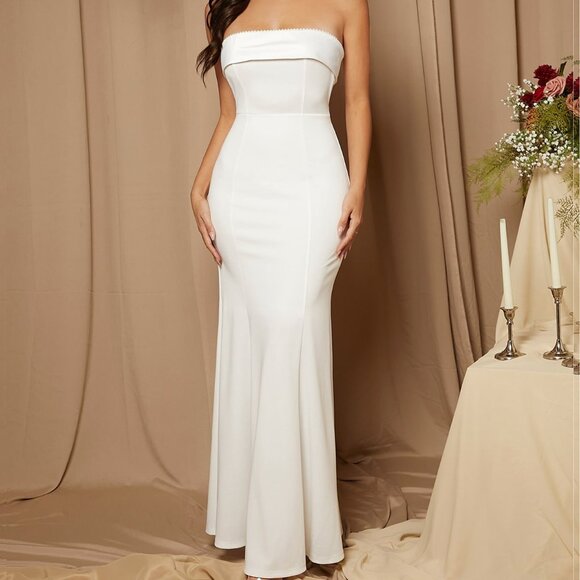 White Elegant Women's Tie Backless Tube Wedding Dress Bridal Dress - Picture 5 of 8